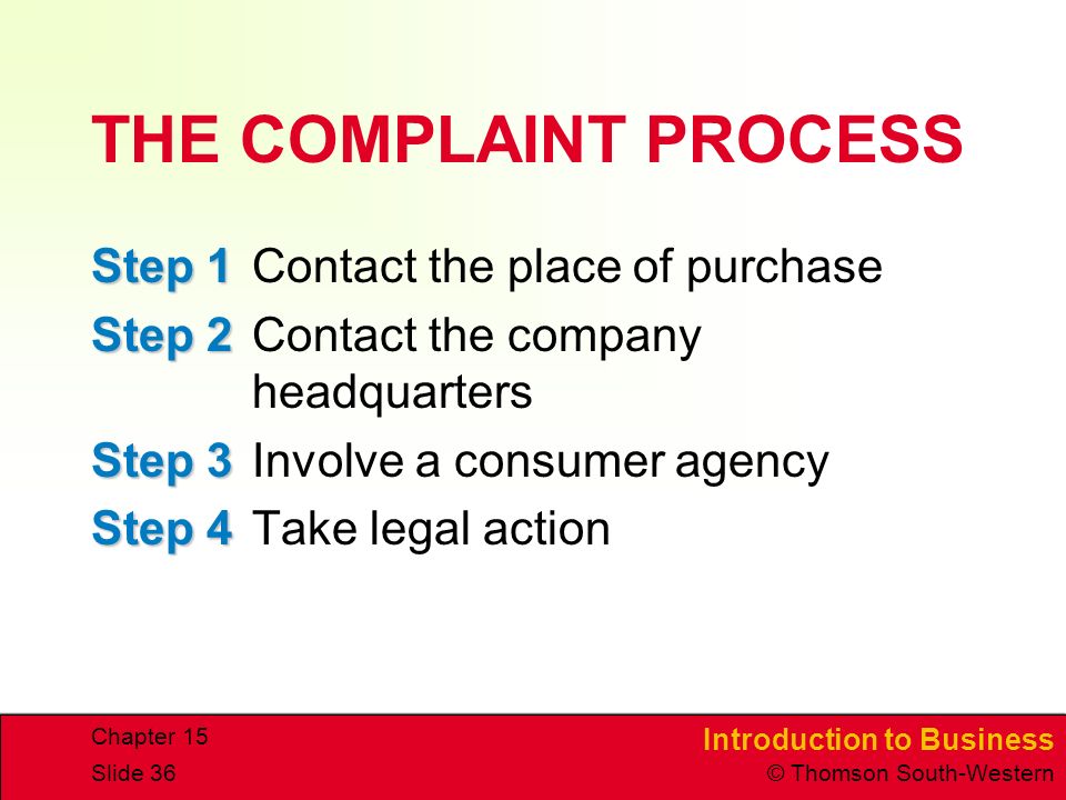 Introduction to Business © Thomson South-Western Chapter 15 Slide 36 THE COMPLAINT PROCESS Step 1 Step 1Contact the place of purchase Step 2 Step 2Contact the company headquarters Step 3 Step 3Involve a consumer agency Step 4 Step 4Take legal action