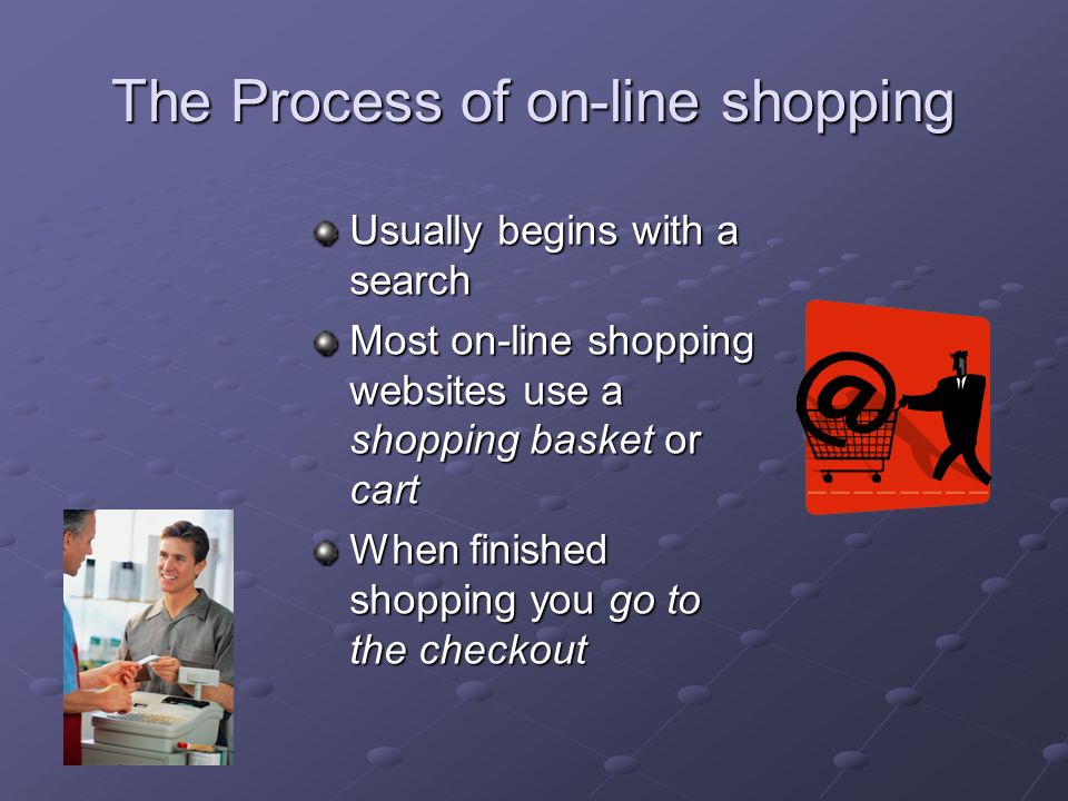 The Process of on-line shopping Usually begins with a search Most on-line shopping websites use a shopping basket or cart When finished shopping you go to the checkout
