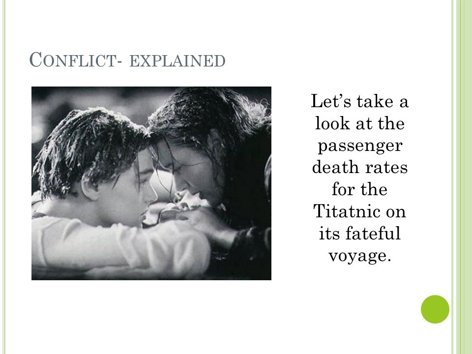 C ONFLICT - EXPLAINED Let’s take a look at the passenger death rates for the Titatnic on its fateful voyage.