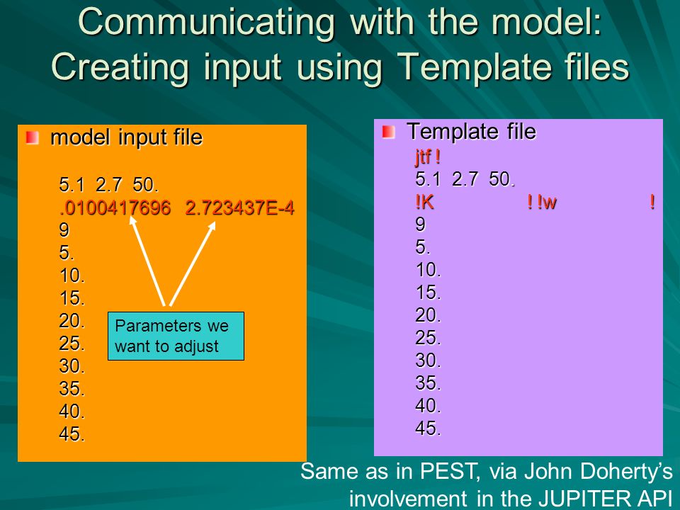 Communicating with the model: Creating input using Template files Template file jtf .