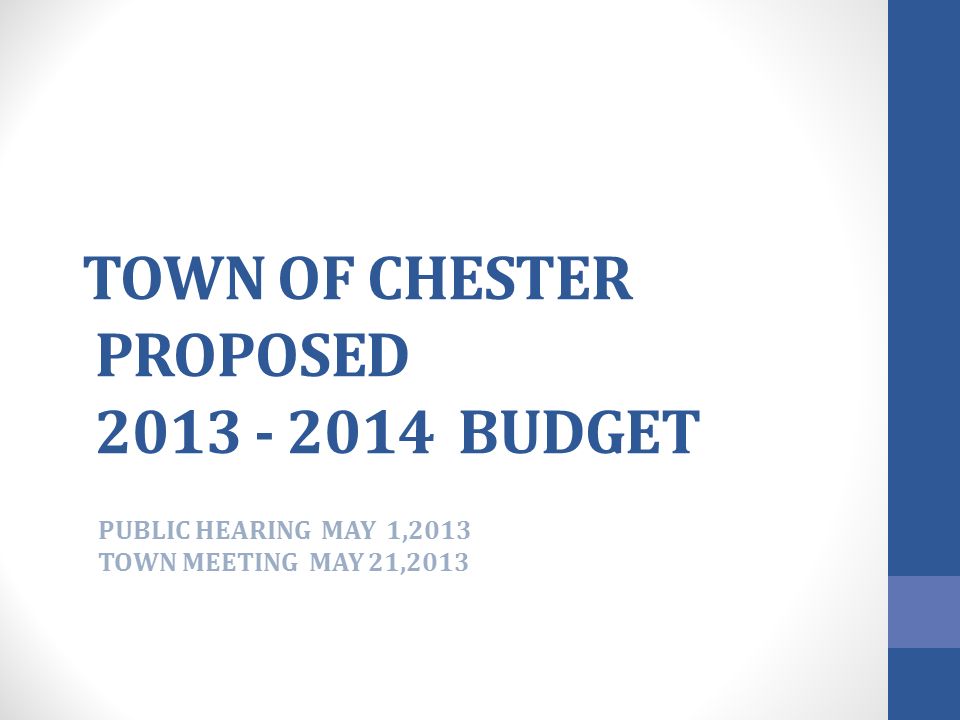 TOWN OF CHESTER PROPOSED BUDGET PUBLIC HEARING MAY 1,2013 TOWN MEETING MAY 21,2013