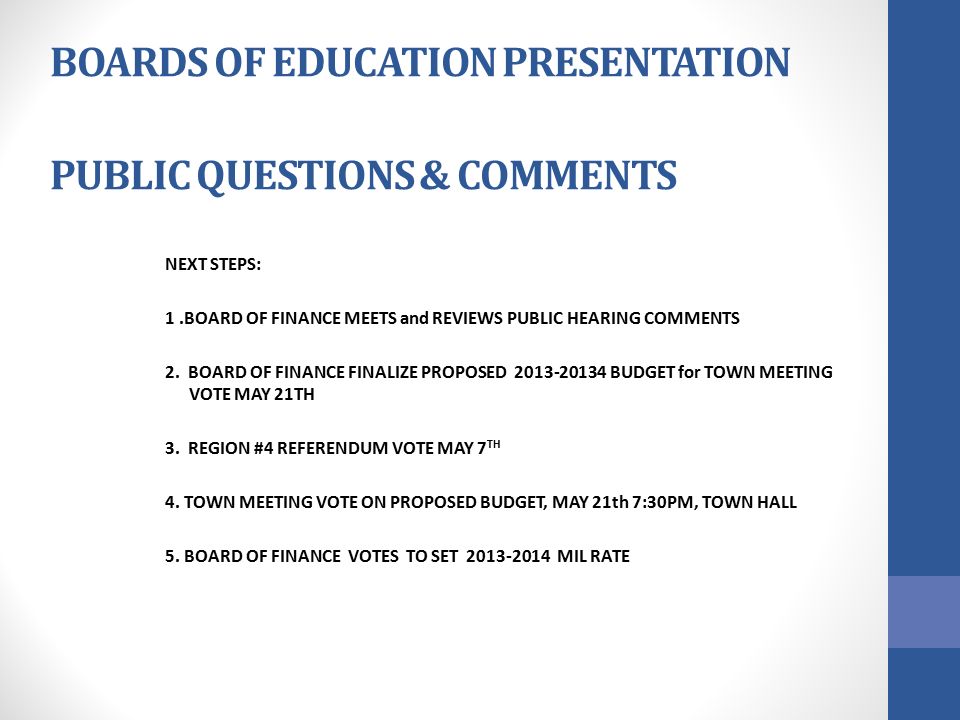 BOARDS OF EDUCATION PRESENTATION PUBLIC QUESTIONS & COMMENTS NEXT STEPS: 1.BOARD OF FINANCE MEETS and REVIEWS PUBLIC HEARING COMMENTS 2.