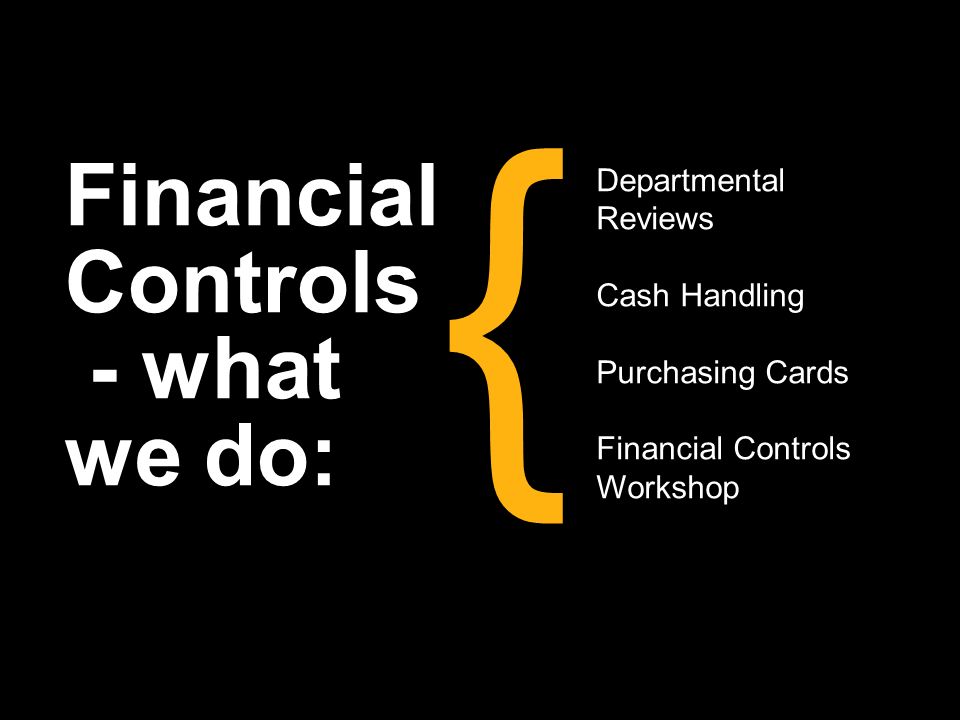 Financial Controls - what we do: { Departmental Reviews Cash Handling Purchasing Cards Financial Controls Workshop