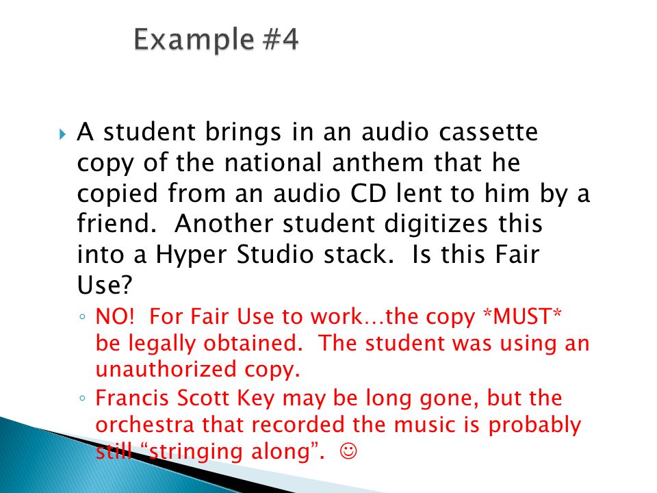  A student brings in an audio cassette copy of the national anthem that he copied from an audio CD lent to him by a friend.