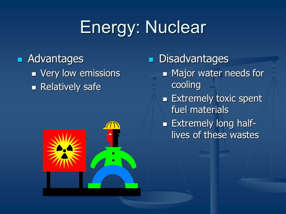 Energy: Nuclear Advantages Advantages Very low emissions Very low emissions Relatively safe Relatively safe Disadvantages Major water needs for cooling Extremely toxic spent fuel materials Extremely long half- lives of these wastes