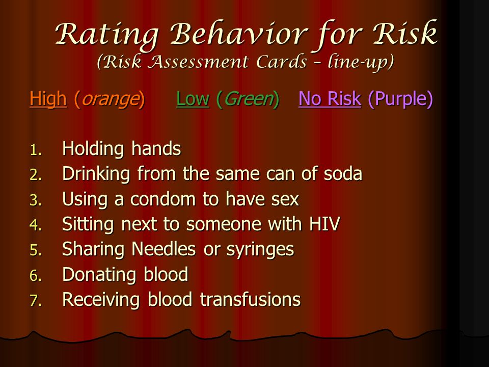 Rating Behavior for Risk (Risk Assessment Cards – line-up) High (orange)Low (Green) No Risk (Purple) 1.