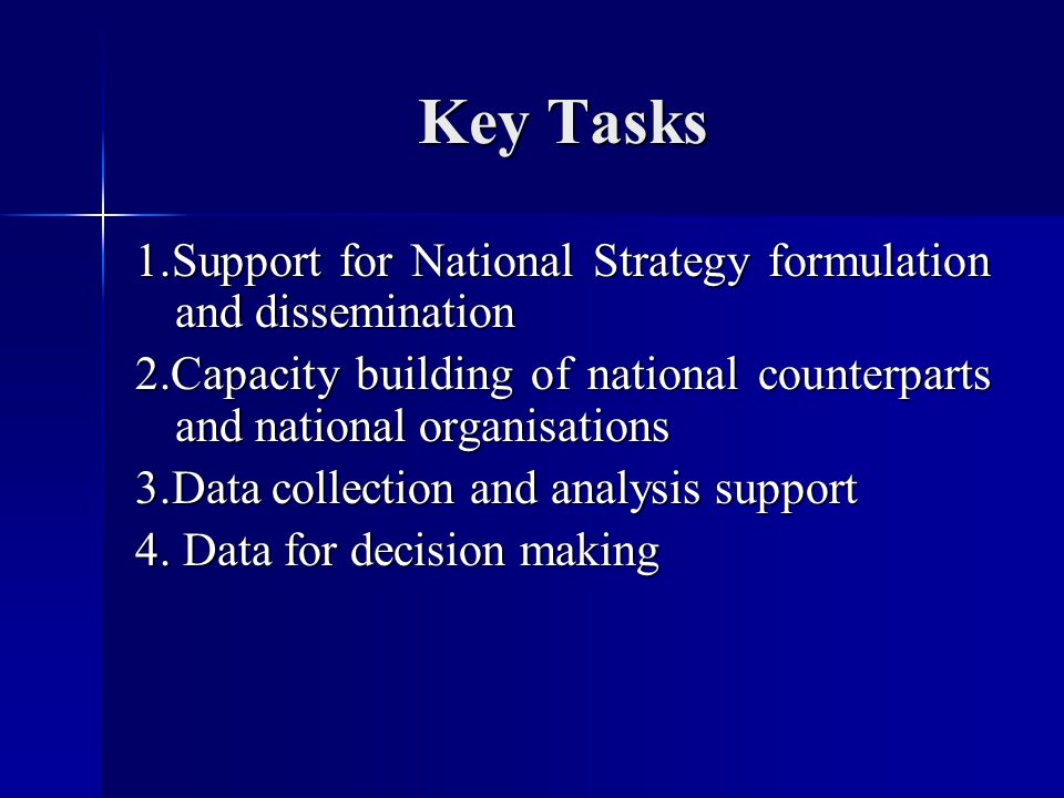 Key Tasks 1.Support for National Strategy formulation and dissemination 2.Capacity building of national counterparts and national organisations 3.Data collection and analysis support 4.