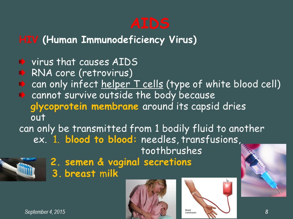 September 4, 2015SBI3C8 8 AIDS HIV (Human Immunodeficiency Virus) virus that causes AIDS RNA core (retrovirus) can only infect helper T cells (type of white blood cell) cannot survive outside the body because glycoprotein membrane around its capsid dries out can only be transmitted from 1 bodily fluid to another ex.