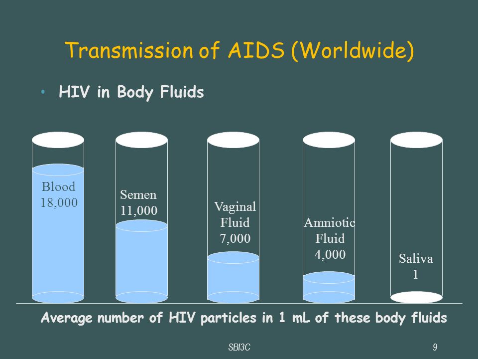 SBI3C9 Transmission of AIDS (Worldwide) ‏ HIV in Body Fluids Semen 11,000 Vaginal Fluid 7,000 Blood 18,000 Amniotic Fluid 4,000 Saliva 1 Average number of HIV particles in 1 mL of these body fluids