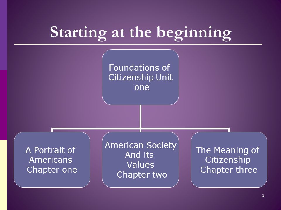 Starting at the beginning Foundations of Citizenship Unit one A Portrait of Americans Chapter one American Society And its Values Chapter two The Meaning of Citizenship Chapter three 1
