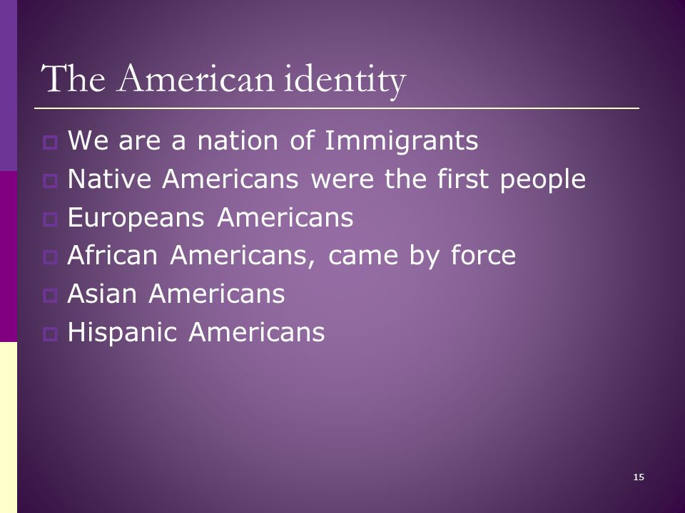 The American identity  We are a nation of Immigrants  Native Americans were the first people  Europeans Americans  African Americans, came by force  Asian Americans  Hispanic Americans 15