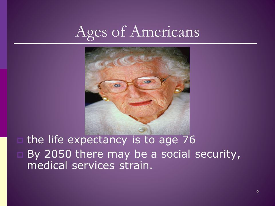 Ages of Americans  the life expectancy is to age 76  By 2050 there may be a social security, medical services strain.