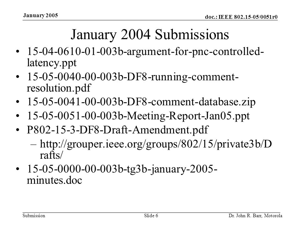 doc.: IEEE /0051r0 Submission January 2005 Dr.