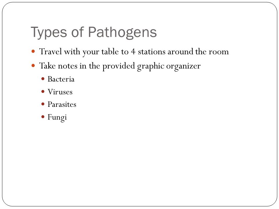 Types of Pathogens Travel with your table to 4 stations around the room Take notes in the provided graphic organizer Bacteria Viruses Parasites Fungi