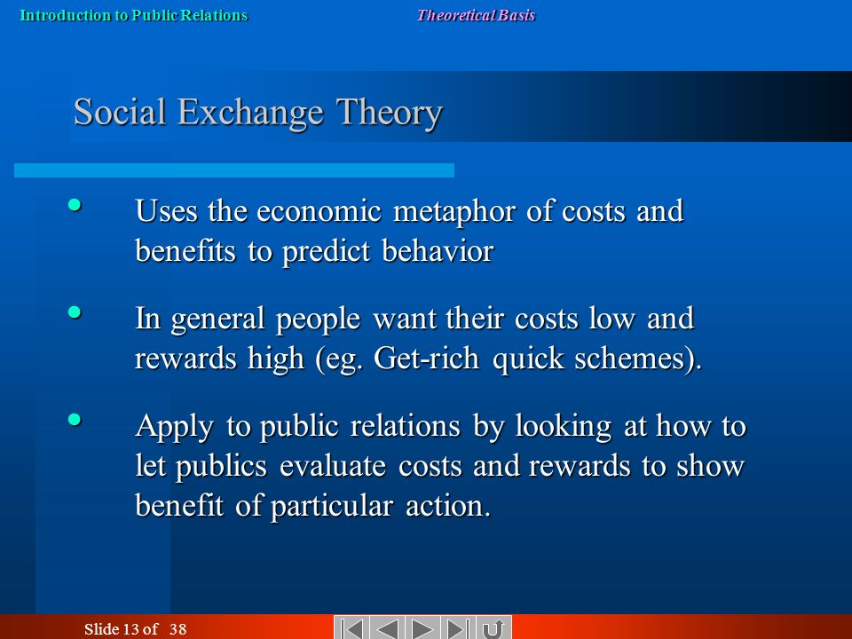 Slide 13 of 38 Introduction to Public Relations Theoretical Basis Social Exchange Theory Uses the economic metaphor of costs and benefits to predict behavior Uses the economic metaphor of costs and benefits to predict behavior In general people want their costs low and rewards high (eg.