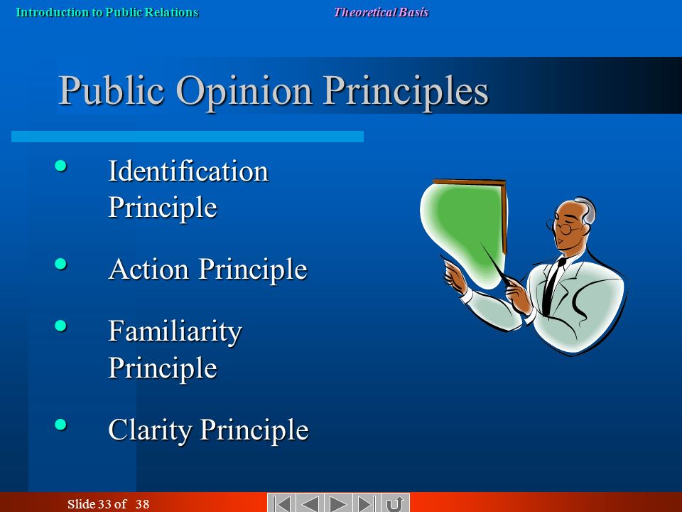 Slide 33 of 38 Introduction to Public Relations Theoretical Basis Public Opinion Principles Identification Principle Identification Principle Action Principle Action Principle Familiarity Principle Familiarity Principle Clarity Principle Clarity Principle