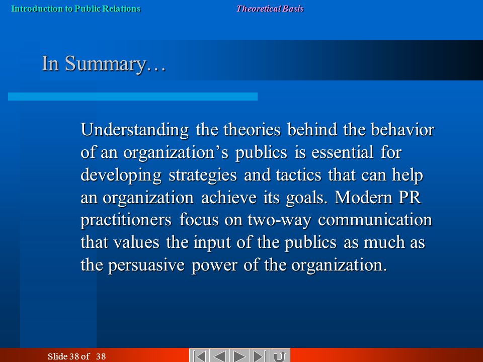 Slide 38 of 38 Introduction to Public Relations Theoretical Basis In Summary… Understanding the theories behind the behavior of an organization’s publics is essential for developing strategies and tactics that can help an organization achieve its goals.