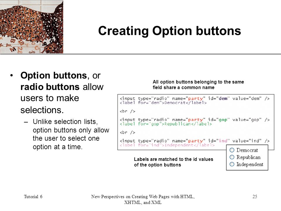 XP Tutorial 6New Perspectives on Creating Web Pages with HTML, XHTML, and XML 25 Creating Option buttons Option buttons, or radio buttons allow users to make selections.