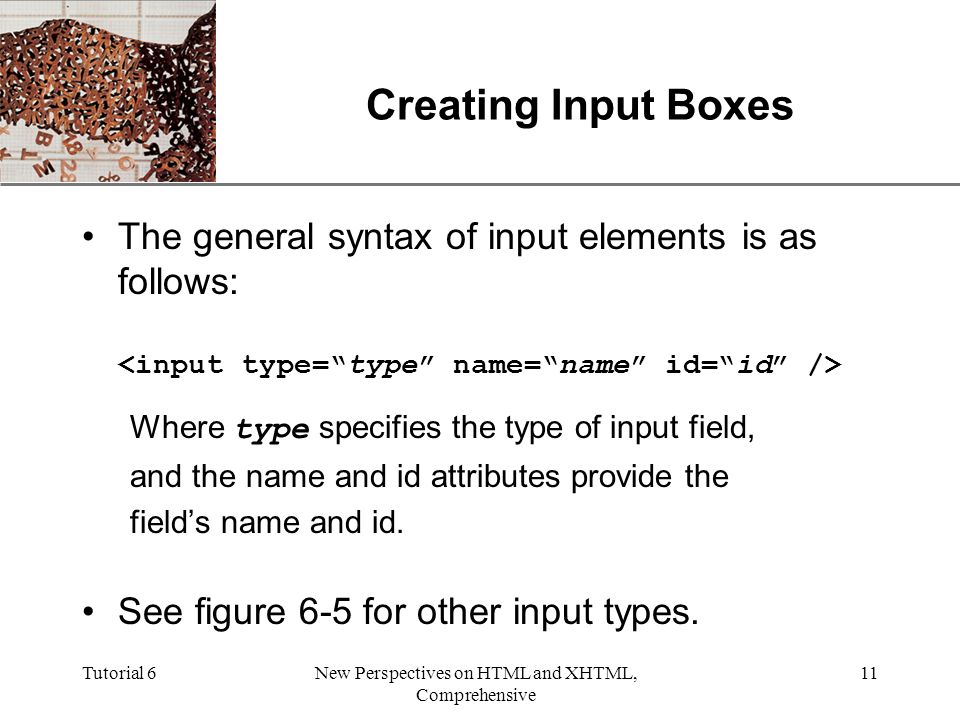 XP Tutorial 6New Perspectives on HTML and XHTML, Comprehensive 11 Creating Input Boxes The general syntax of input elements is as follows: Where type specifies the type of input field, and the name and id attributes provide the field’s name and id.