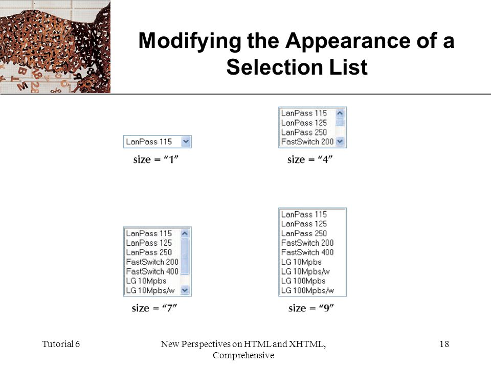 XP Tutorial 6New Perspectives on HTML and XHTML, Comprehensive 18 Modifying the Appearance of a Selection List