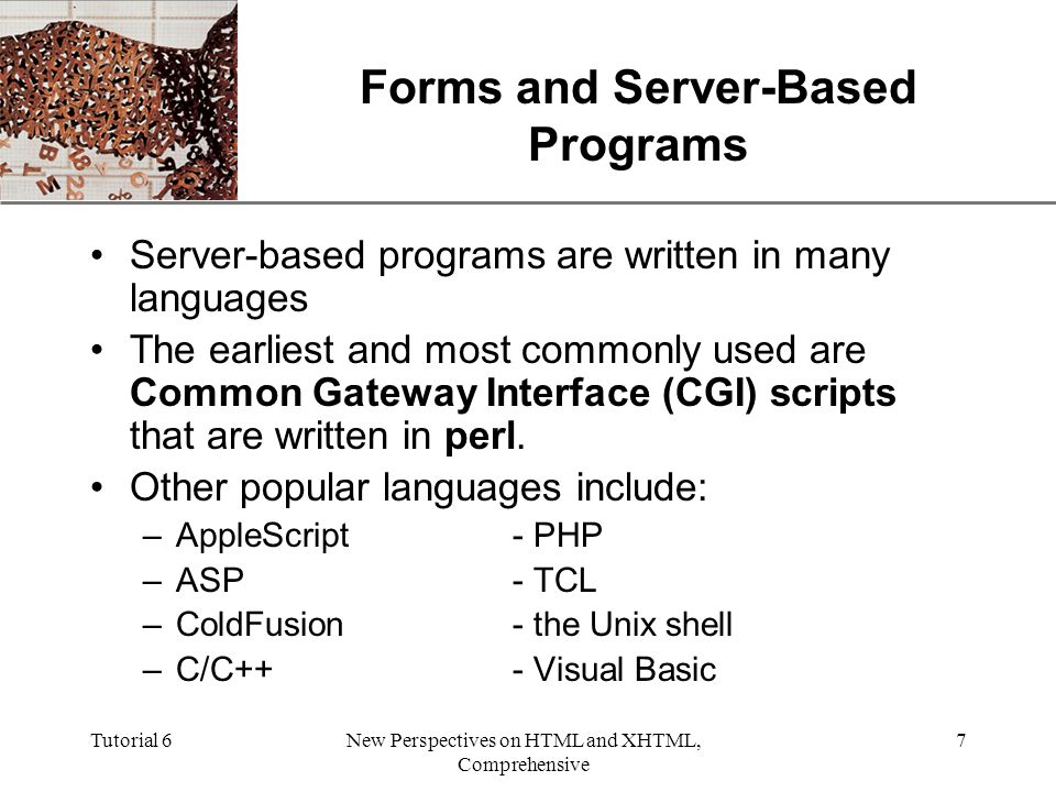 XP Tutorial 6New Perspectives on HTML and XHTML, Comprehensive 7 Forms and Server-Based Programs Server-based programs are written in many languages The earliest and most commonly used are Common Gateway Interface (CGI) scripts that are written in perl.