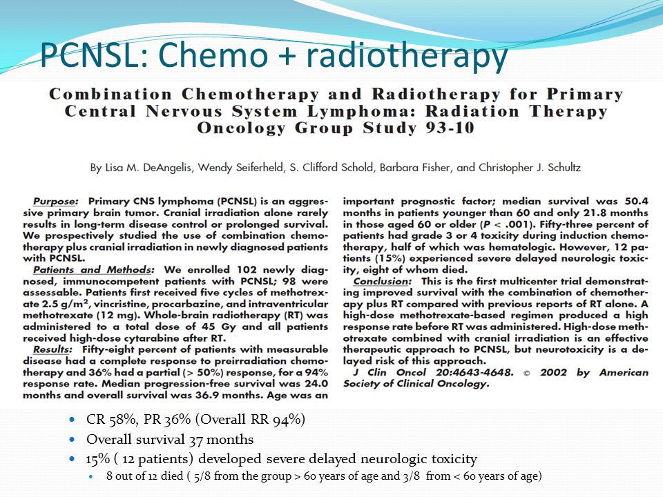 PCNSL: Chemo + radiotherapy CR 58%, PR 36% (Overall RR 94%) Overall survival 37 months 15% ( 12 patients) developed severe delayed neurologic toxicity 8 out of 12 died ( 5/8 from the group > 60 years of age and 3/8 from < 60 years of age)