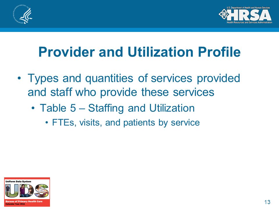 13 Provider and Utilization Profile Types and quantities of services provided and staff who provide these services Table 5 – Staffing and Utilization FTEs, visits, and patients by service