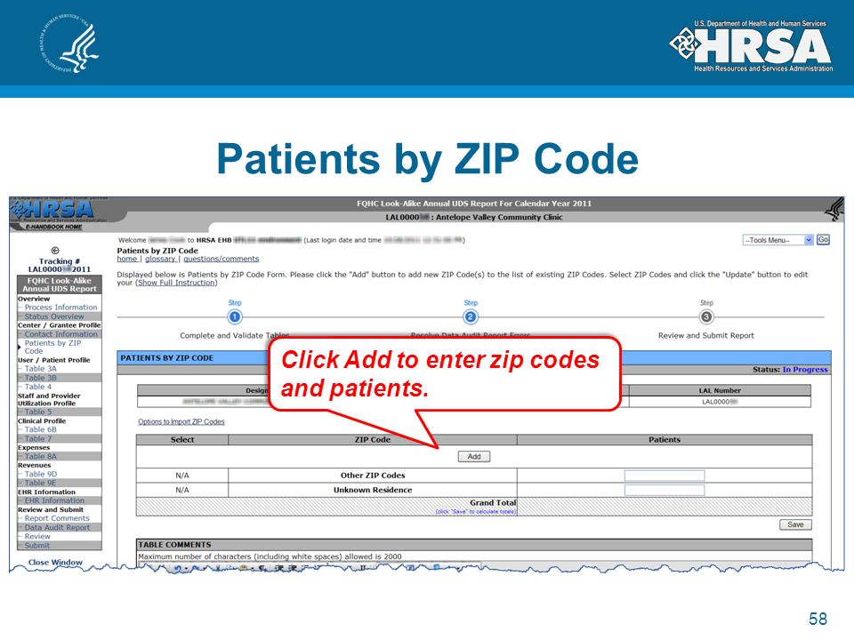 58 Patients by ZIP Code Click Add to enter zip codes and patients.