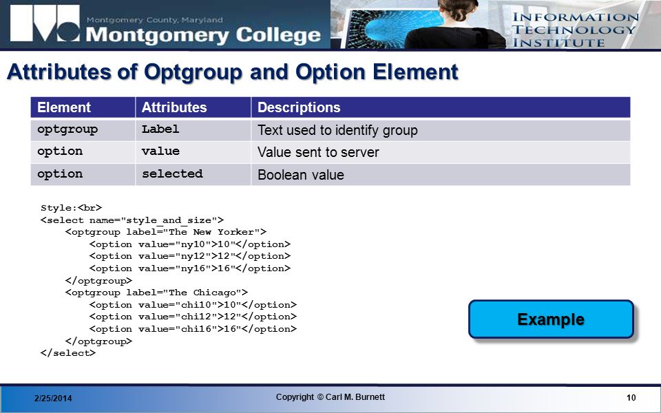Attributes of Optgroup and Option Element 2/25/ Copyright © Carl M.
