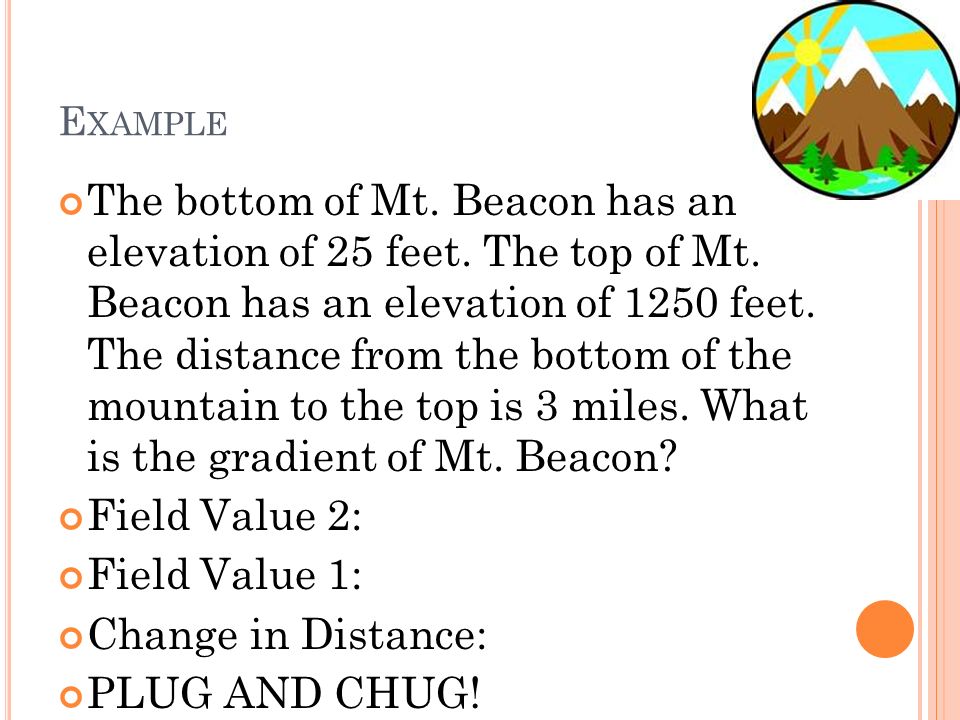 E XAMPLE The bottom of Mt. Beacon has an elevation of 25 feet.