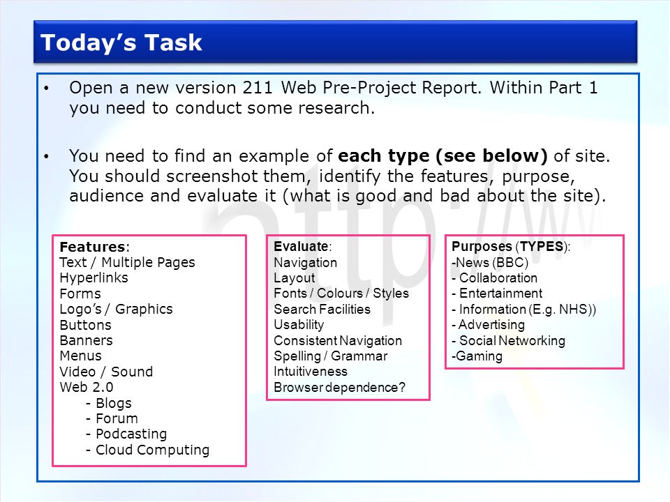 Today’s Task Open a new version 211 Web Pre-Project Report.