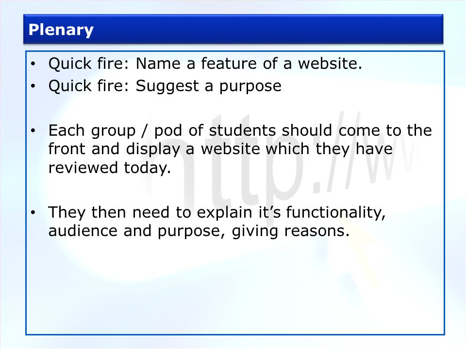 Plenary Quick fire: Name a feature of a website.