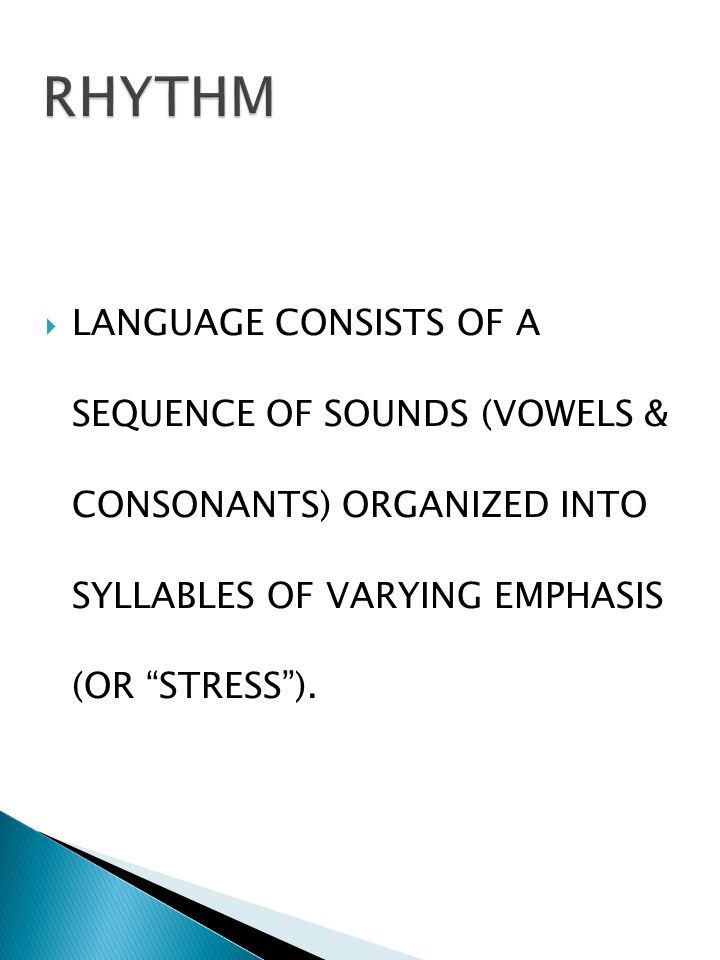  LANGUAGE CONSISTS OF A SEQUENCE OF SOUNDS (VOWELS & CONSONANTS) ORGANIZED INTO SYLLABLES OF VARYING EMPHASIS (OR STRESS ).
