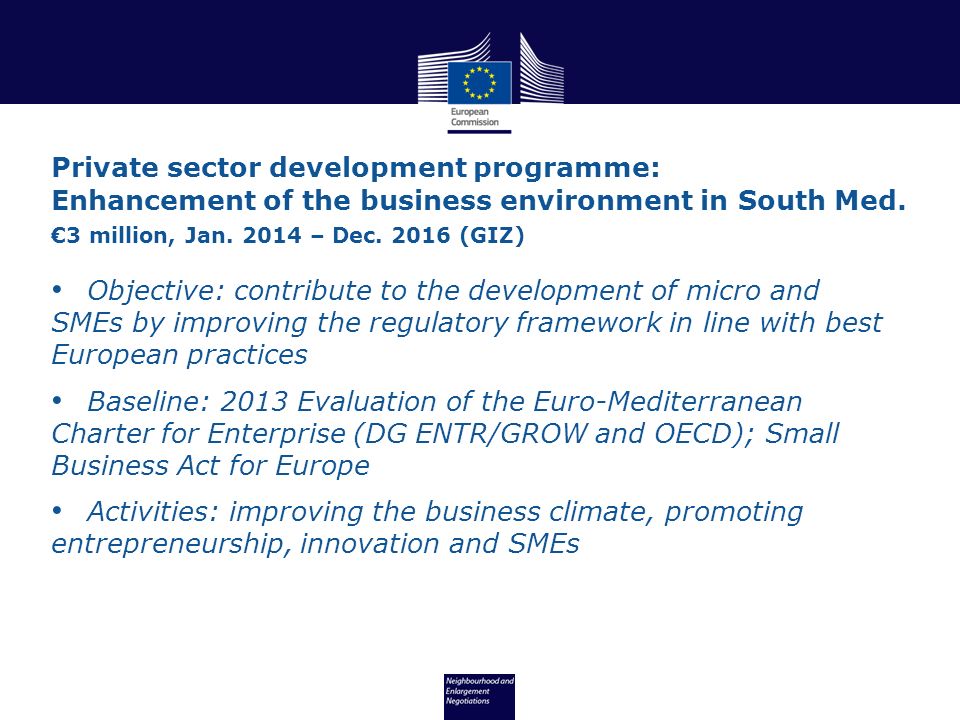 Private sector development programme: Enhancement of the business environment in South Med.