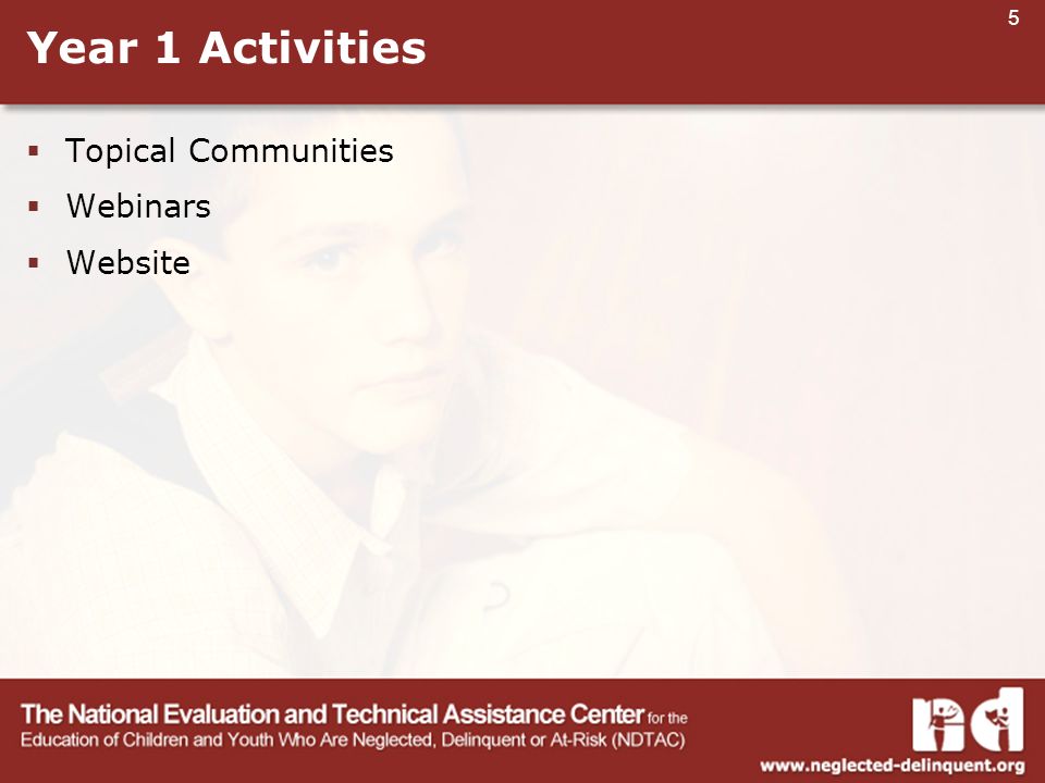 5 Year 1 Activities  Topical Communities  Webinars  Website