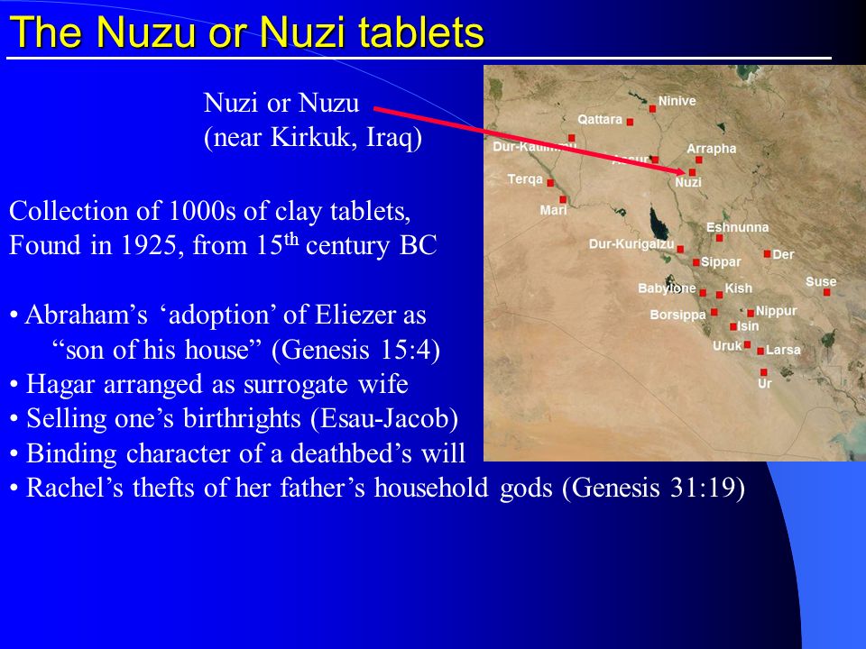 The Nuzu or Nuzi tablets Nuzi or Nuzu (near Kirkuk, Iraq) Collection of 1000s of clay tablets, Found in 1925, from 15 th century BC Abraham’s ‘adoption’ of Eliezer as son of his house (Genesis 15:4) Hagar arranged as surrogate wife Selling one’s birthrights (Esau-Jacob) Binding character of a deathbed’s will Rachel’s thefts of her father’s household gods (Genesis 31:19)
