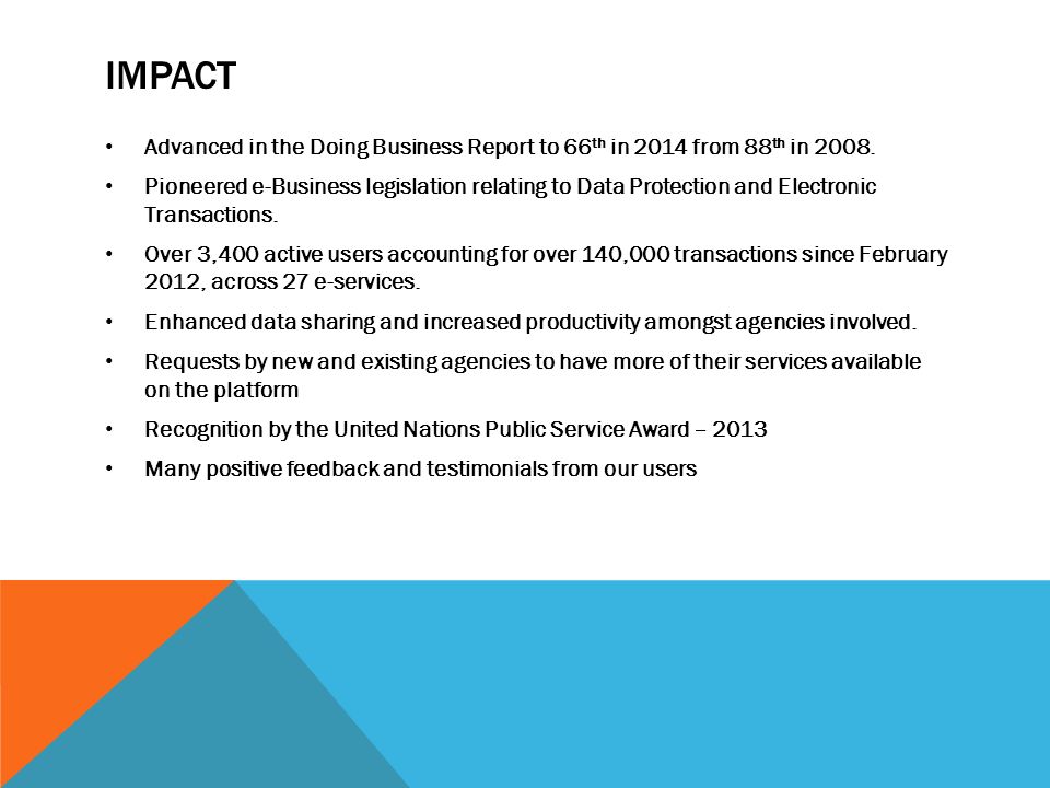 IMPACT Advanced in the Doing Business Report to 66 th in 2014 from 88 th in 2008.