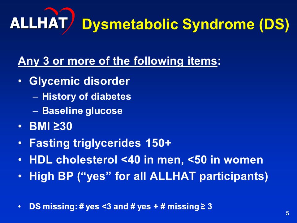 5 Dysmetabolic Syndrome (DS) Any 3 or more of the following items: Glycemic disorder –History of diabetes –Baseline glucose BMI ≥30 Fasting triglycerides 150+ HDL cholesterol <40 in men, <50 in women High BP ( yes for all ALLHAT participants) DS missing: # yes <3 and # yes + # missing ≥ 3 ALLHAT