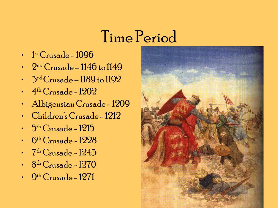 Time Period 1 st Crusade nd Crusade – 1146 to rd Crusade – 1189 to th Crusade Albigensian Crusade Children’s Crusade th Crusade th Crusade th Crusade th Crusade th Crusade