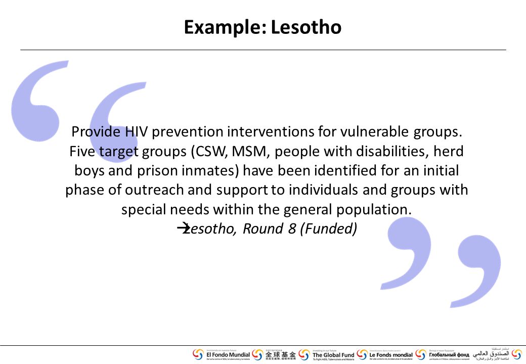 Example: Lesotho Provide HIV prevention interventions for vulnerable groups.