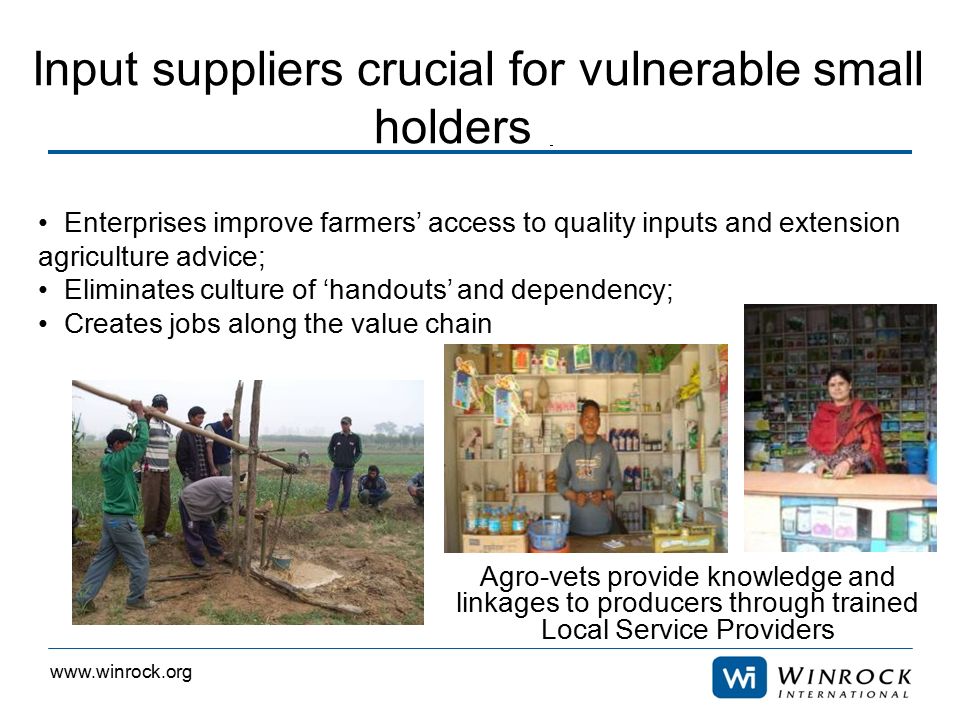 Input suppliers crucial for vulnerable small holders Enterprises improve farmers’ access to quality inputs and extension agriculture advice; Eliminates culture of ‘handouts’ and dependency; Creates jobs along the value chain Agro-vets provide knowledge and linkages to producers through trained Local Service Providers