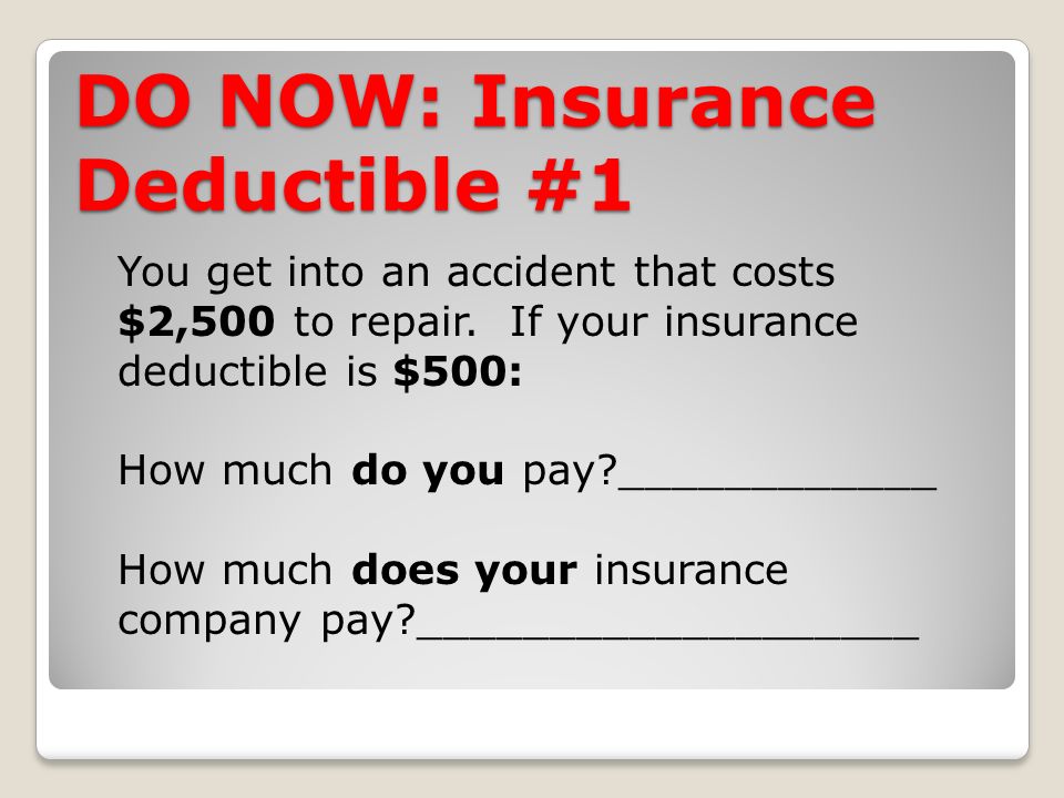 DO NOW: Insurance Deductible #1 You get into an accident that costs $2,500 to repair.