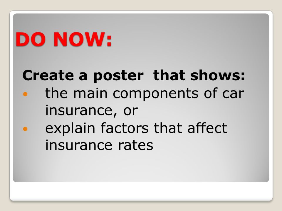 DO NOW: Create a poster that shows: the main components of car insurance, or explain factors that affect insurance rates