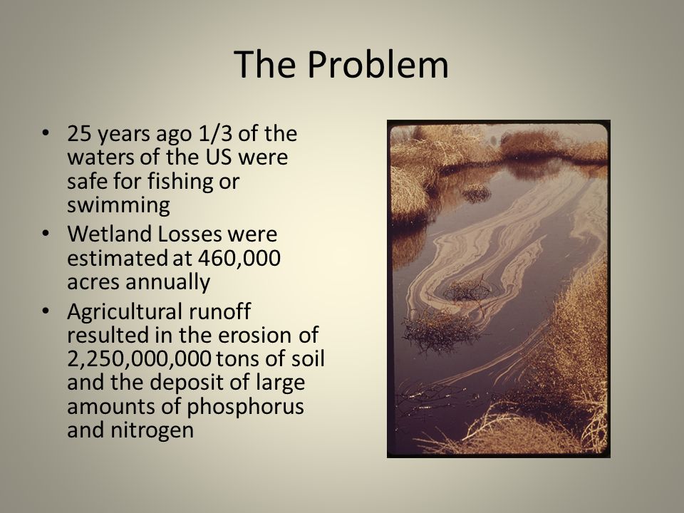 The Problem 25 years ago 1/3 of the waters of the US were safe for fishing or swimming Wetland Losses were estimated at 460,000 acres annually Agricultural runoff resulted in the erosion of 2,250,000,000 tons of soil and the deposit of large amounts of phosphorus and nitrogen