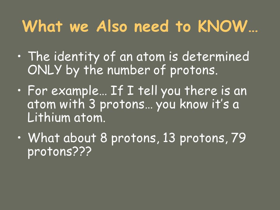 What we Also need to KNOW… The identity of an atom is determined ONLY by the number of protons.