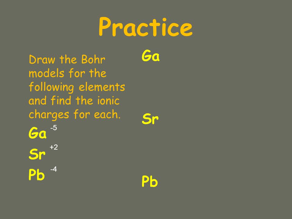 Practice Draw the Bohr models for the following elements and find the ionic charges for each.