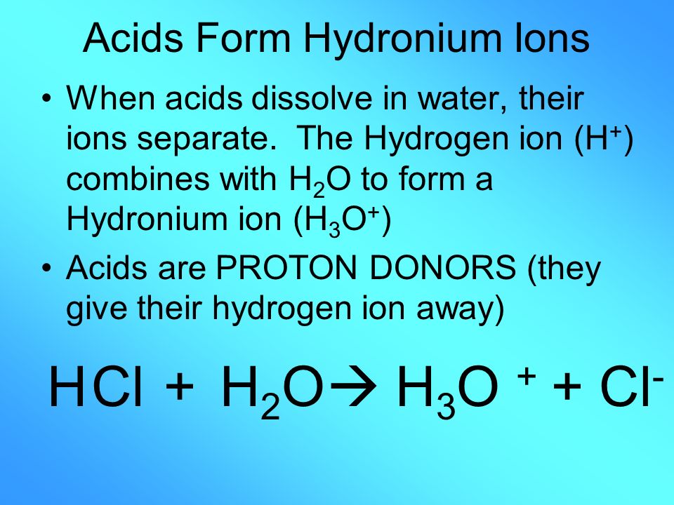 Acids Form Hydronium Ions When acids dissolve in water, their ions separate.