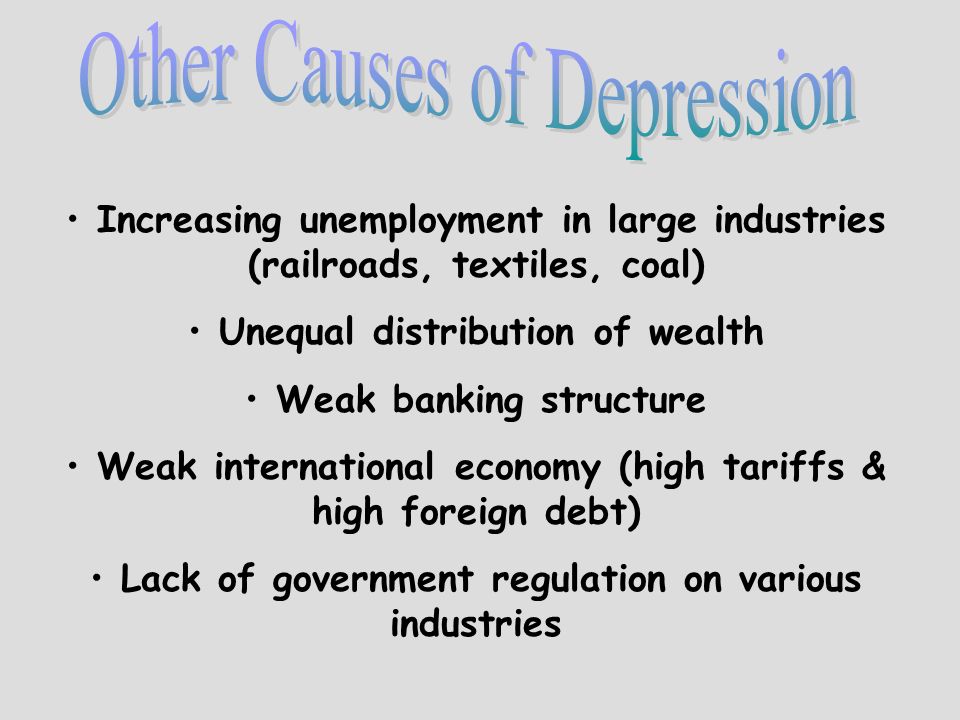 Increasing unemployment in large industries (railroads, textiles, coal) Unequal distribution of wealth Weak banking structure Weak international economy (high tariffs & high foreign debt) Lack of government regulation on various industries