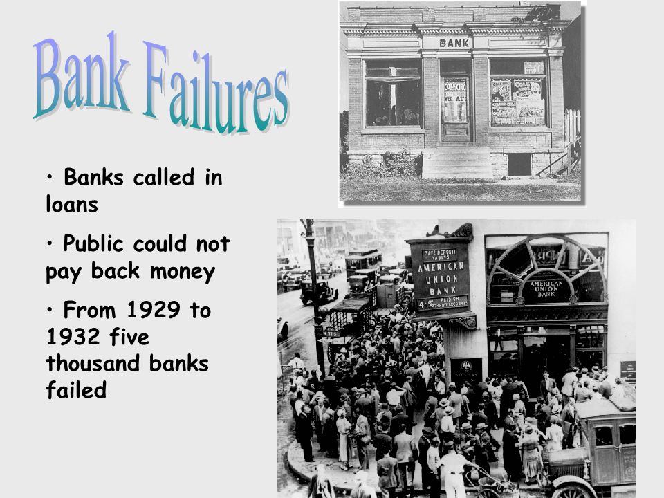 Banks called in loans Public could not pay back money From 1929 to 1932 five thousand banks failed