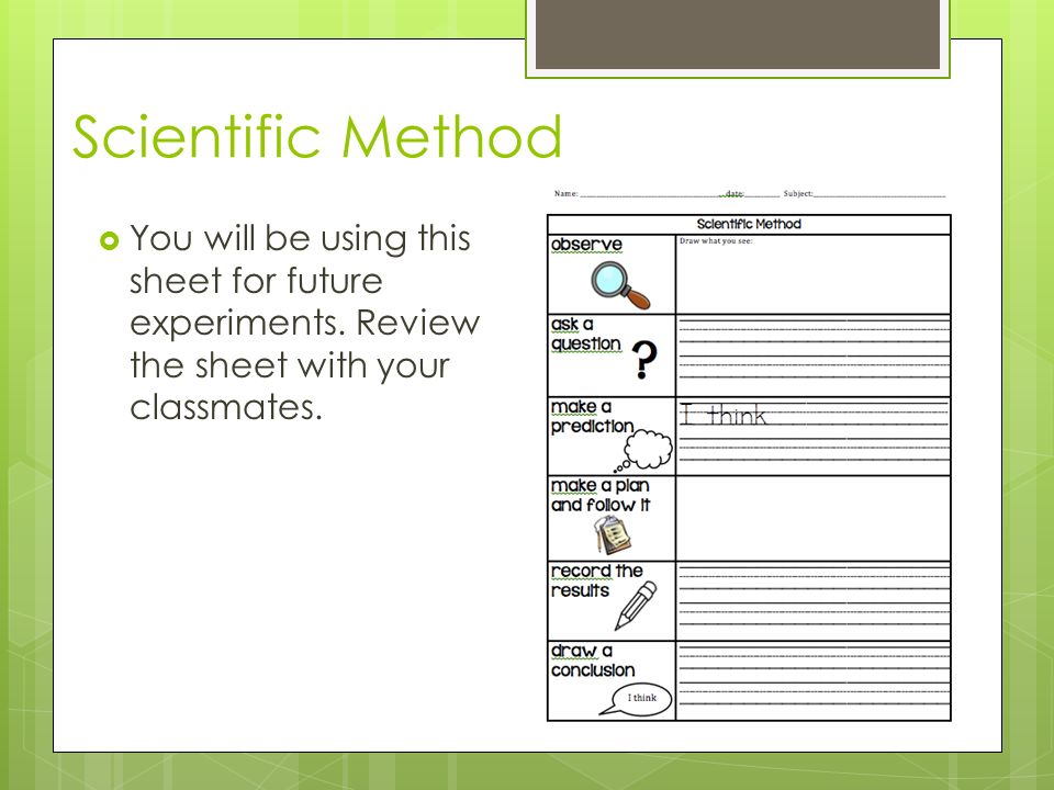 Scientific Method  You will be using this sheet for future experiments.